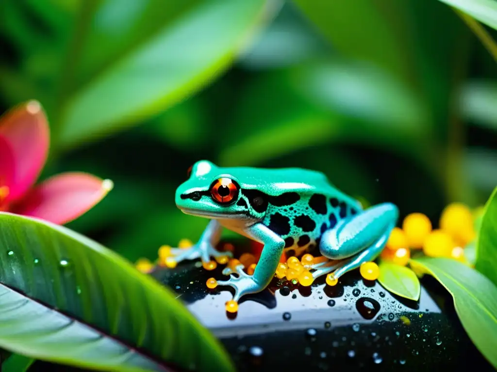 Un terrario de cristal con exuberantes plantas tropicales, delicadas gotas de agua y una rana dardo colorida