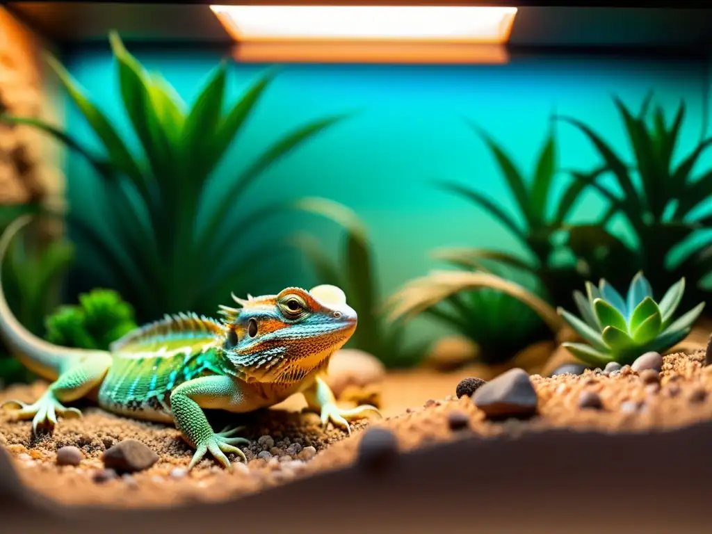 Un terrario detallado con dragón barbudo disfrutando de la mejor iluminación y calefacción para terrarios