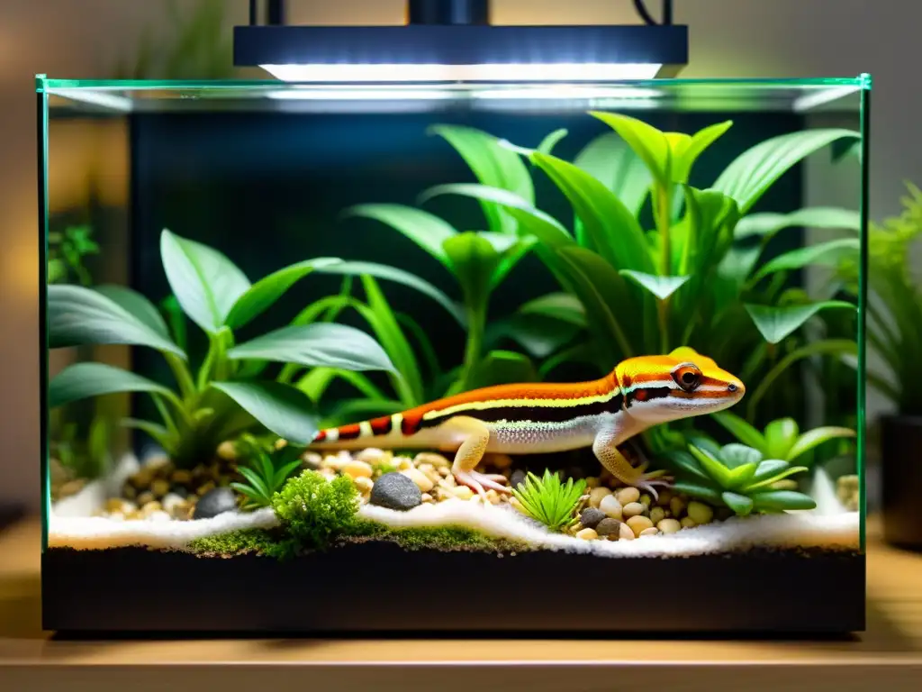 Un terrario detallado y naturalista para geckos leopardo, con plantas vivas, decoración natural y una iluminación cálida