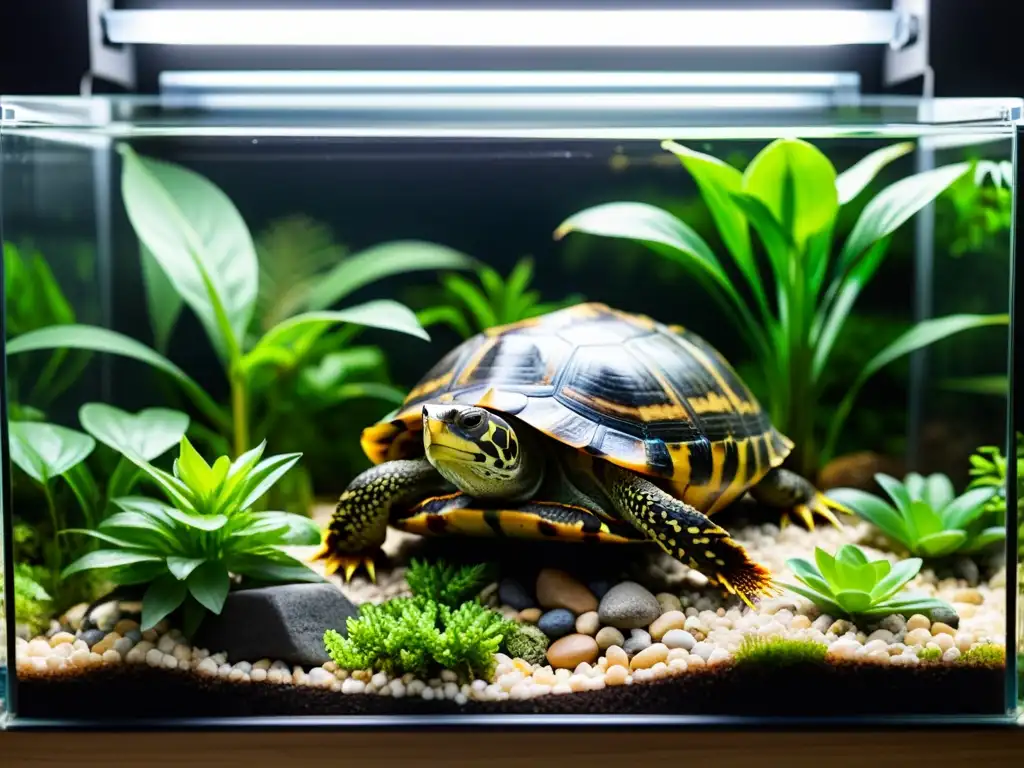 Un terrario detallado de alta resolución para una tortuga de caja, con plantas, rocas, agua y área de asoleamiento