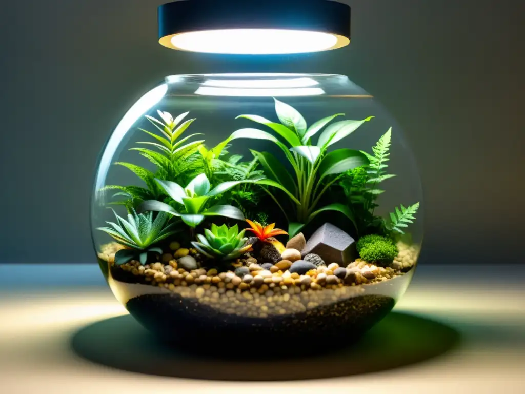 Un terrario bien diseñado con plantas variadas, escondites y fuente de calor, creando un hábitat ideal reptil terrario