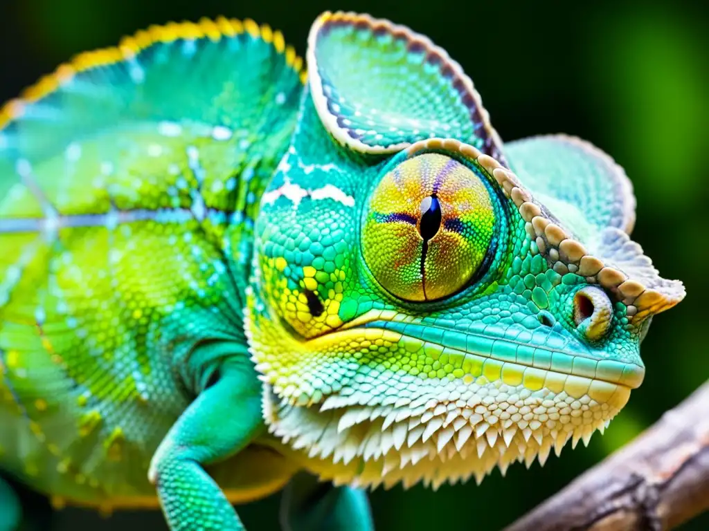 Un camaleón en un terrario, con escamas detalladas y ojos intensos, capturando presa