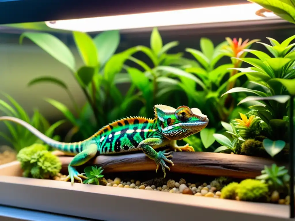 Un terrario exuberante y acogedor para reptiles, con un camaleón colorido y un dragón barbudo disfrutando de un entorno enriquecido