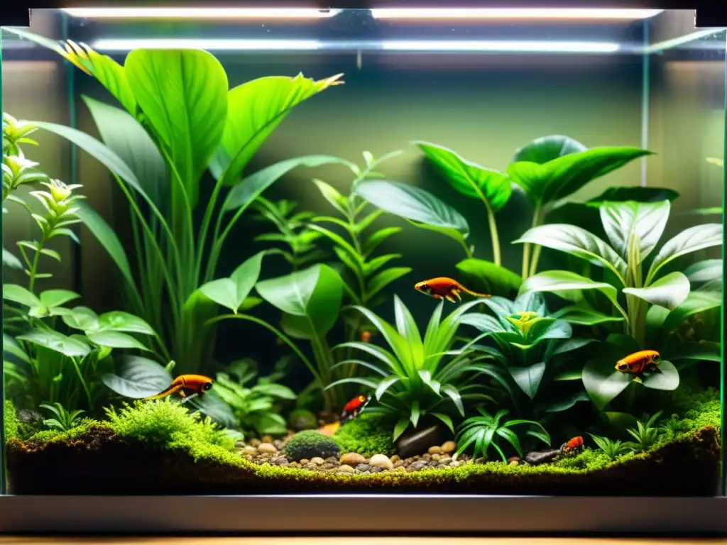 Un terrario exuberante y detallado, simulando ambientes naturales en terrario con plantas, agua y vida animal vibrante