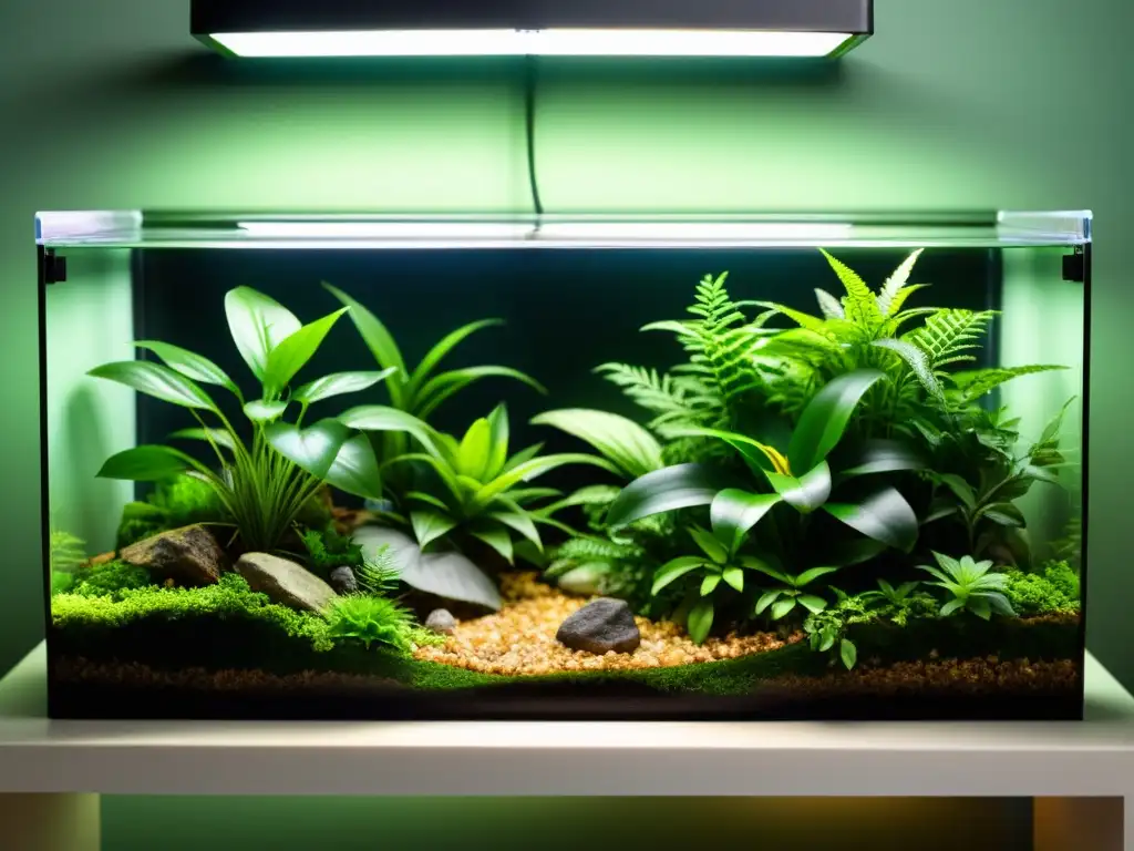Terrario exuberante para reptiles: hábitat óptimo Un terrario exuberante y detallado, ideal para reptiles