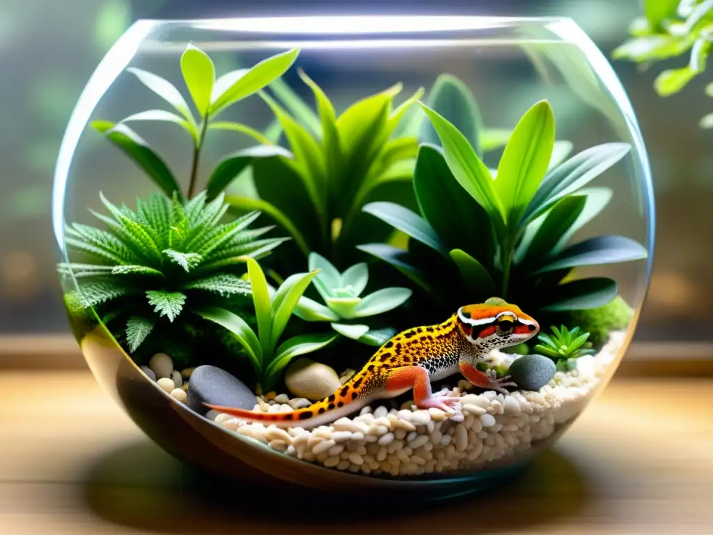 Un terrario exuberante y detallado, hábitat ideal para un gecko leopardo