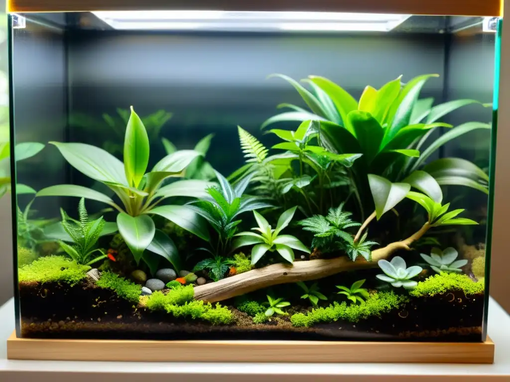 Terrario exuberante con gecko colorido Un terrario exuberante y detallado alberga plantas verdes vibrantes, rocas y un gecko colorido