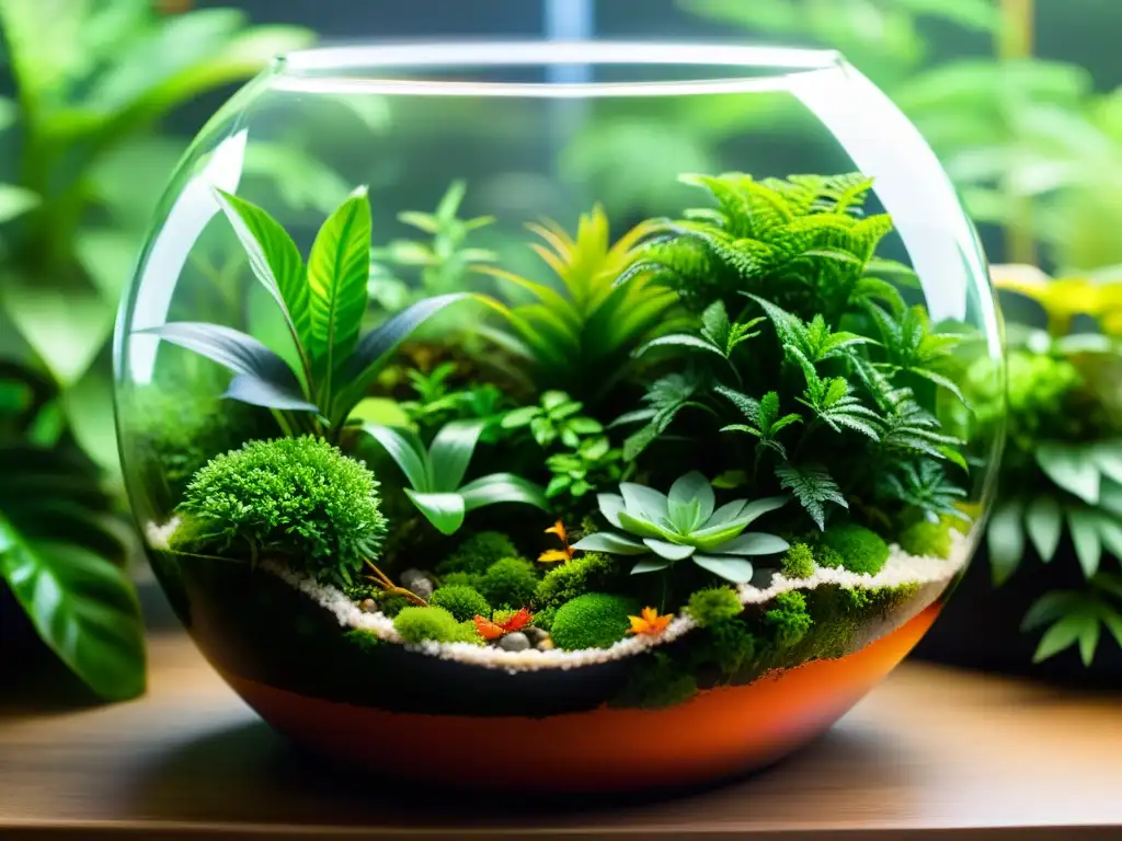 Un terrario exuberante y detallado, con plantas exóticas, musgos y helechos