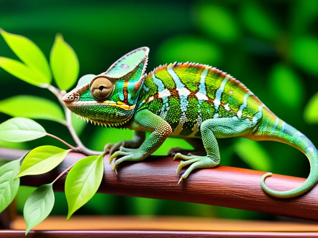 Un terrario exuberante con camaleón, ilustrando el enriquecimiento terrarios camaleones con plantas y vida vibrante