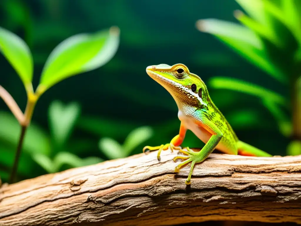 Terrario exuberante con microhábitats para reptiles, incluyendo un área rocosa, agua y plantas