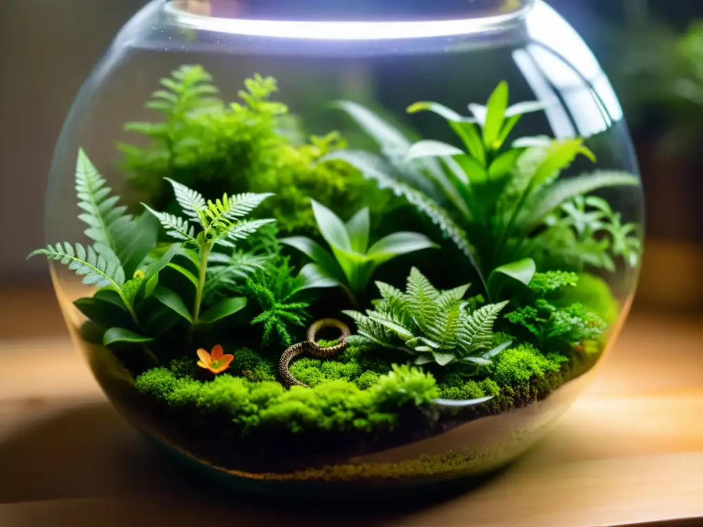 Un terrario exuberante con musgo, helechos y plantas en flor, iluminado suavemente