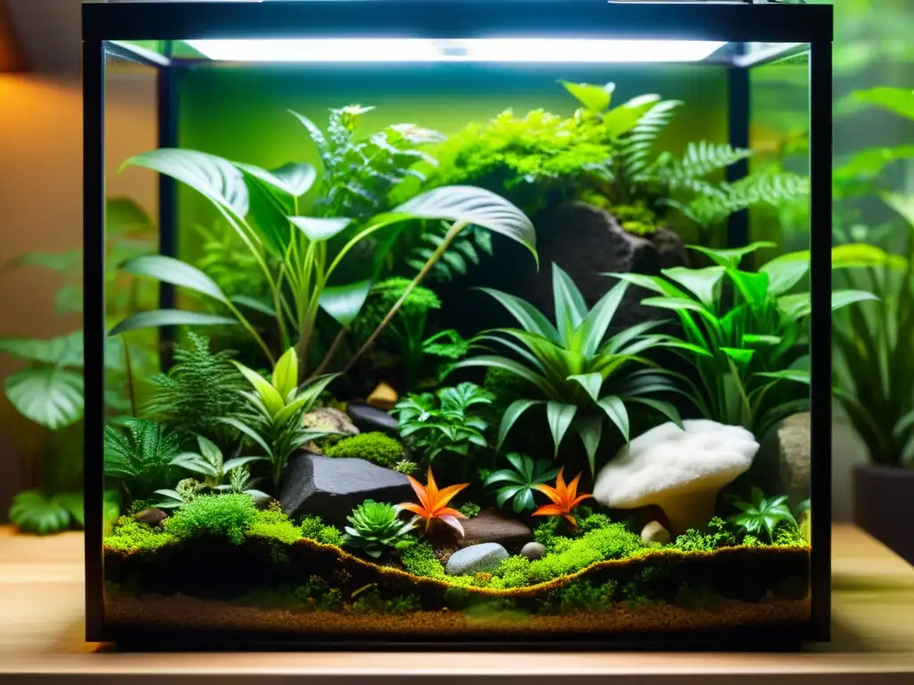 Un terrario exuberante con plantas, rocas y un reptil camuflado