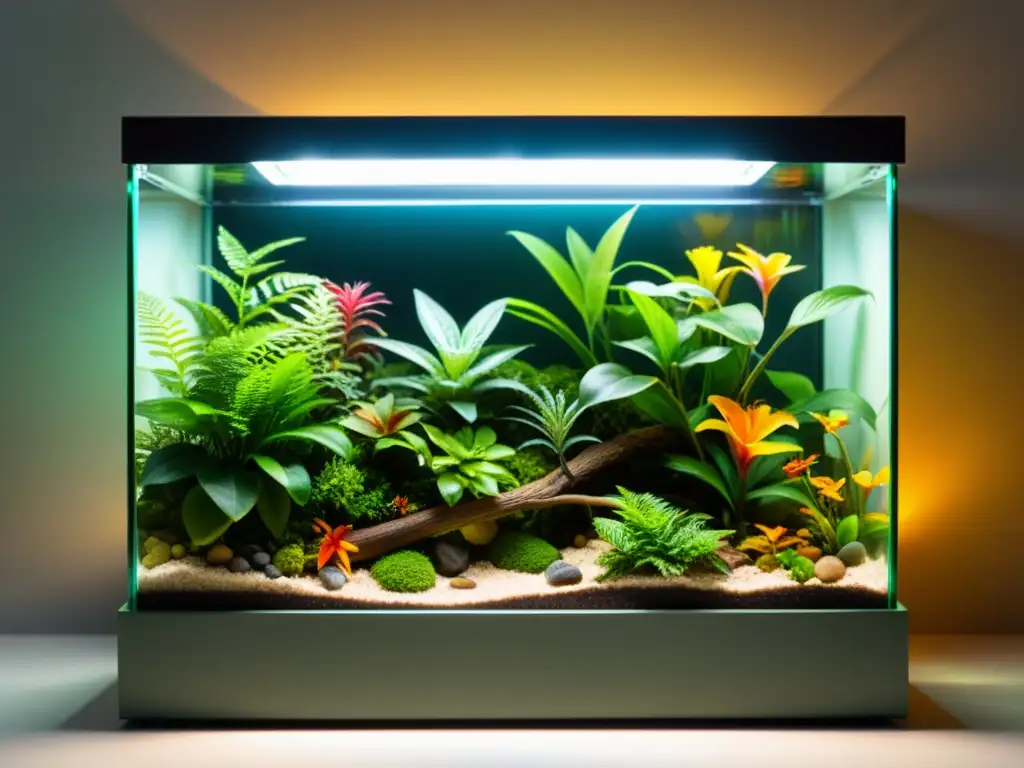 Un terrario exuberante con plantas tropicales, reptiles y luz artificial