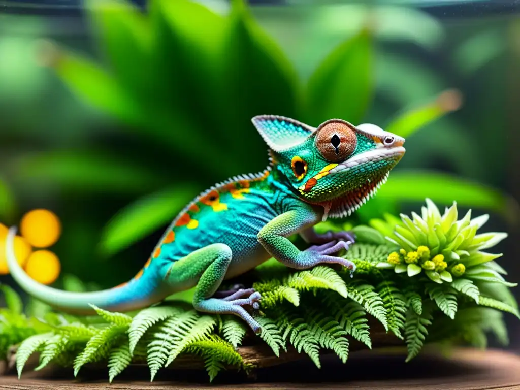 Un terrario exuberante con plantas vivas y un camaleón colorido