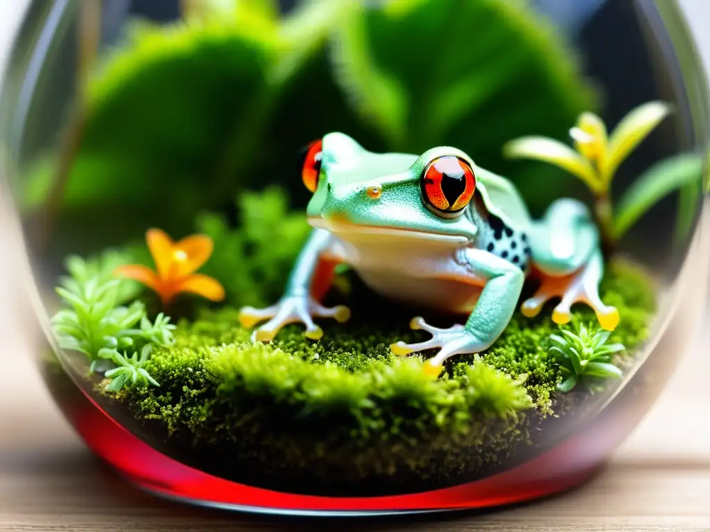 Un terrario exuberante con musgo, helechos, orquídeas y una rana de ojos rojos crea ambiente perfecto terrario reptiles