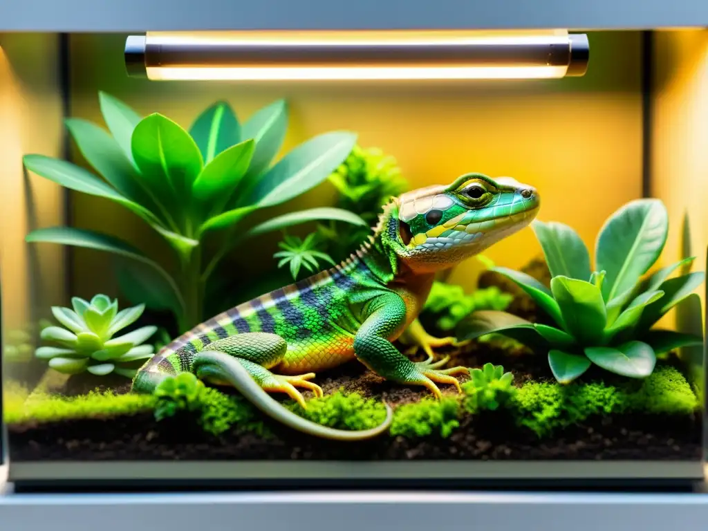 Un terrario exuberante con reptiles basking bajo luz natural