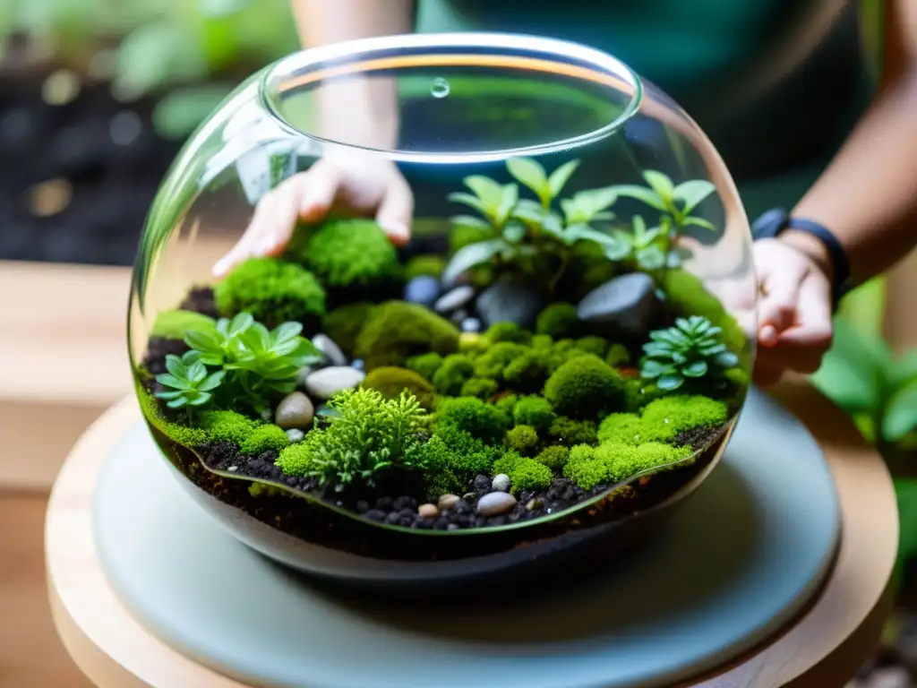 Un terrario exuberante con musgo verde y agua brillante, se ajusta con precisión