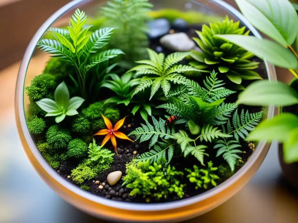 Un terrario exuberante y vibrante con plantas y agua