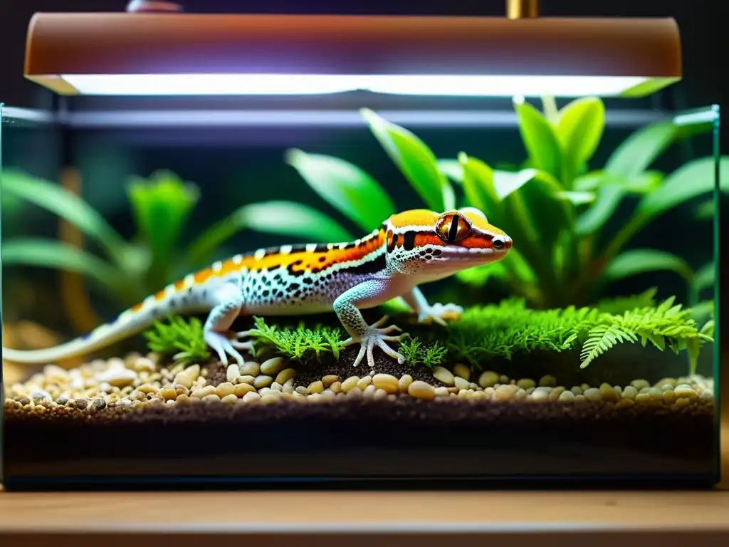 Gecko leopardo disfrutando del terrario ideal, con plantas y escondites