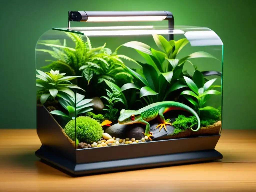 Terrario exuberante: reptiles en hábitat natural Un terrario ideal para reptiles con exuberante vegetación, reptiles pacíficos y un diseño detallado