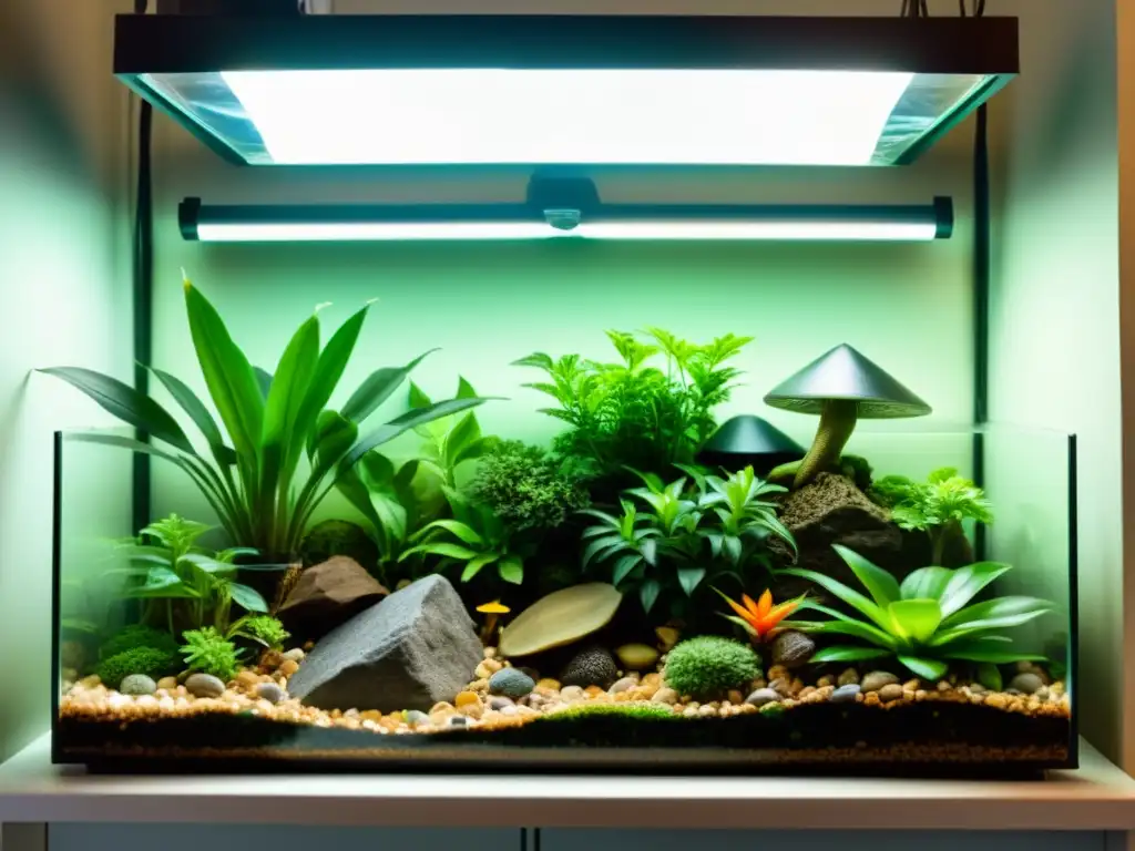 Un terrario iluminado con fuentes de luz artificial para reptiles y anfibios