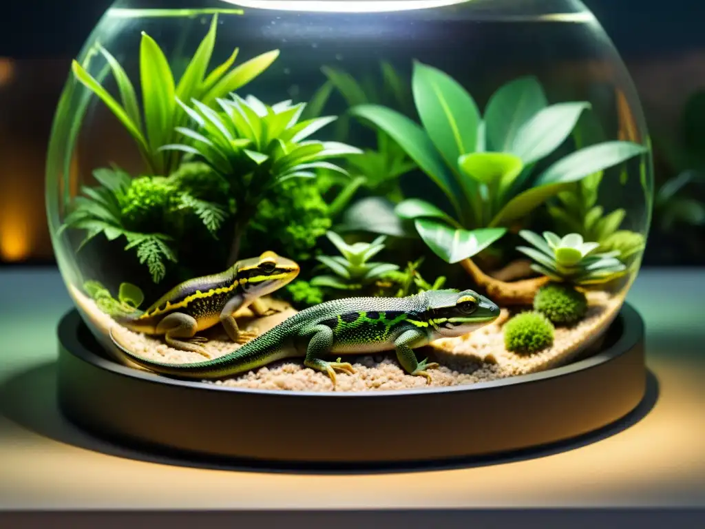 Un terrario iluminado artificialmente con reptiles y anfibios en su entorno natural