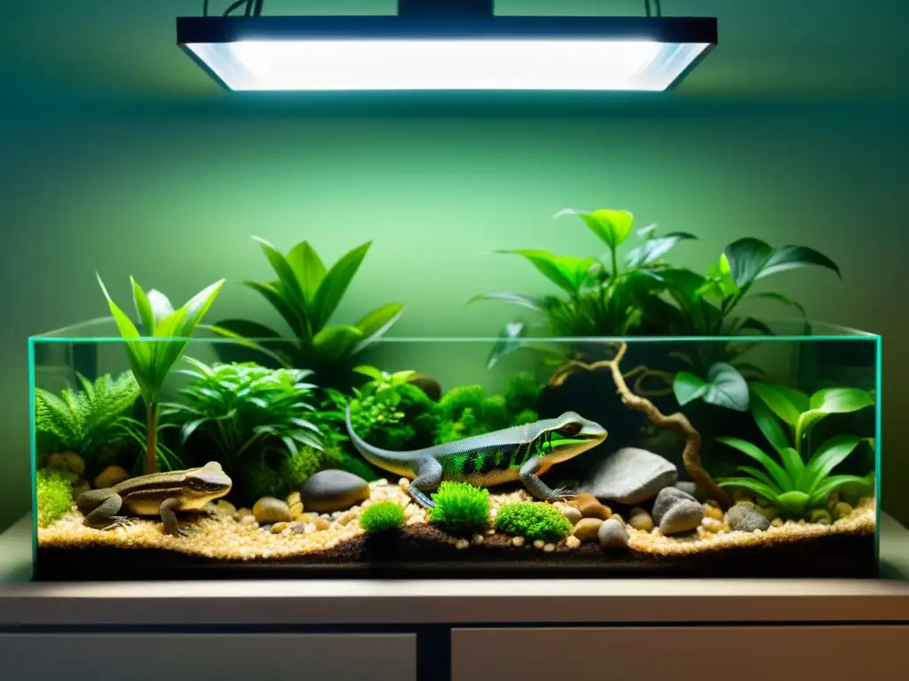 Un terrario iluminado con reptiles y anfibios bajo diferentes fuentes de luz artificial