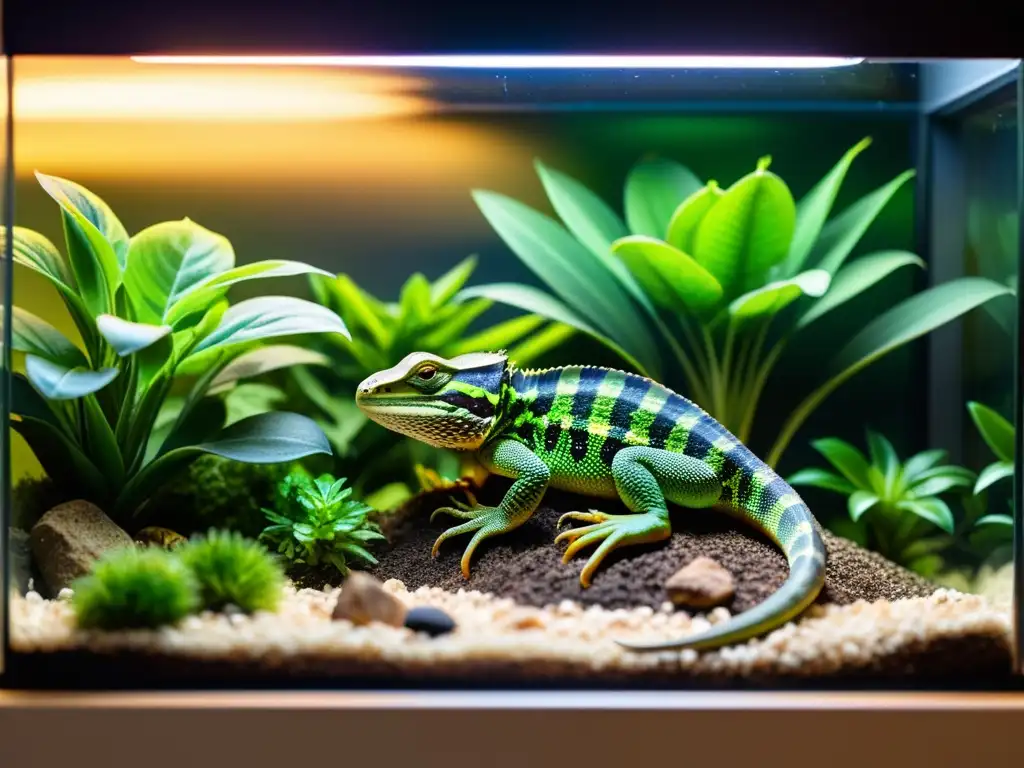 Un terrario hermosamente iluminado exhibe reptiles bajo diferentes fuentes de luz