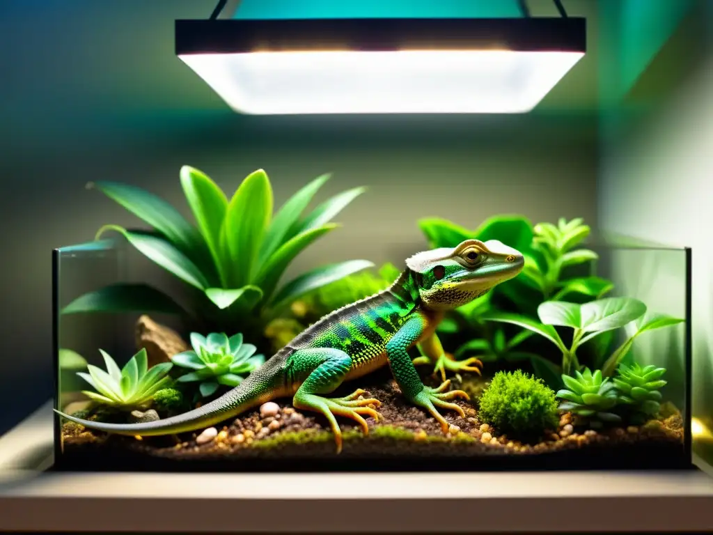 Terrario iluminado con reptiles bajo diferentes luces, mostrando la importancia de la iluminación ideal para reptiles en terrarios