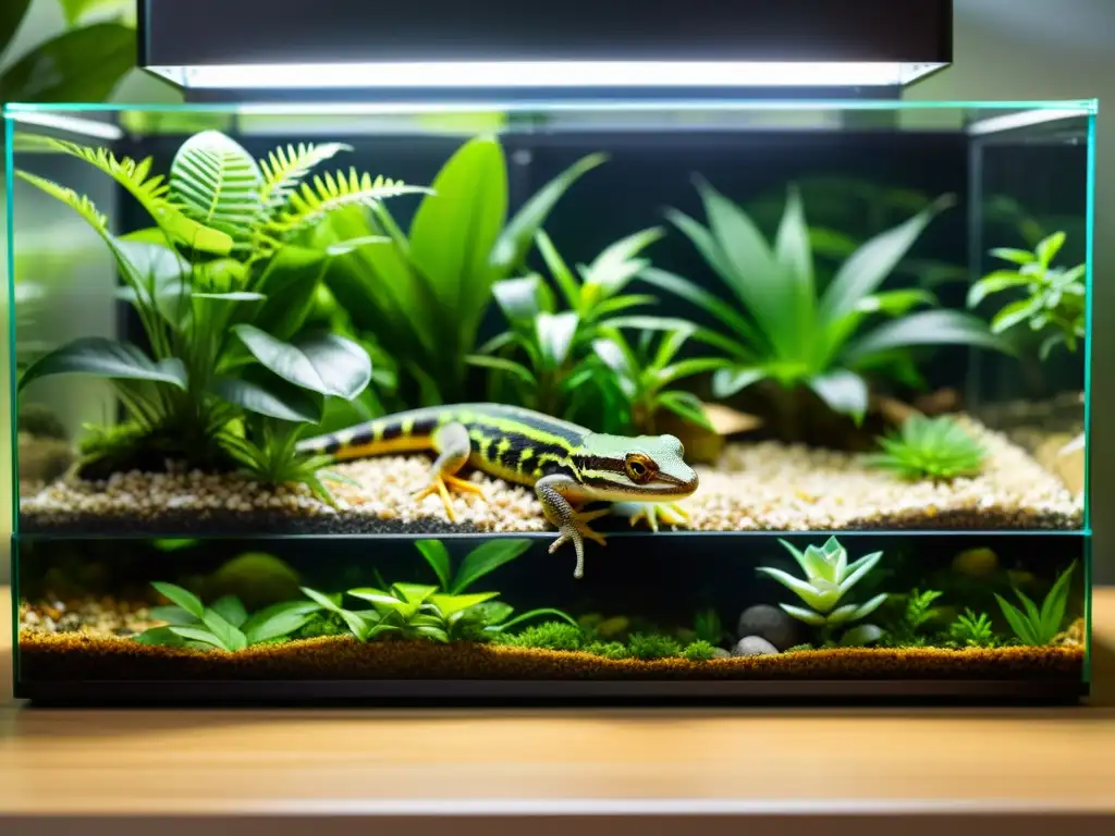 Un terrario impecable con plantas exuberantes y un reptil saludable bajo la luz UVB, ideal para la prevención de enfermedades en reptiles