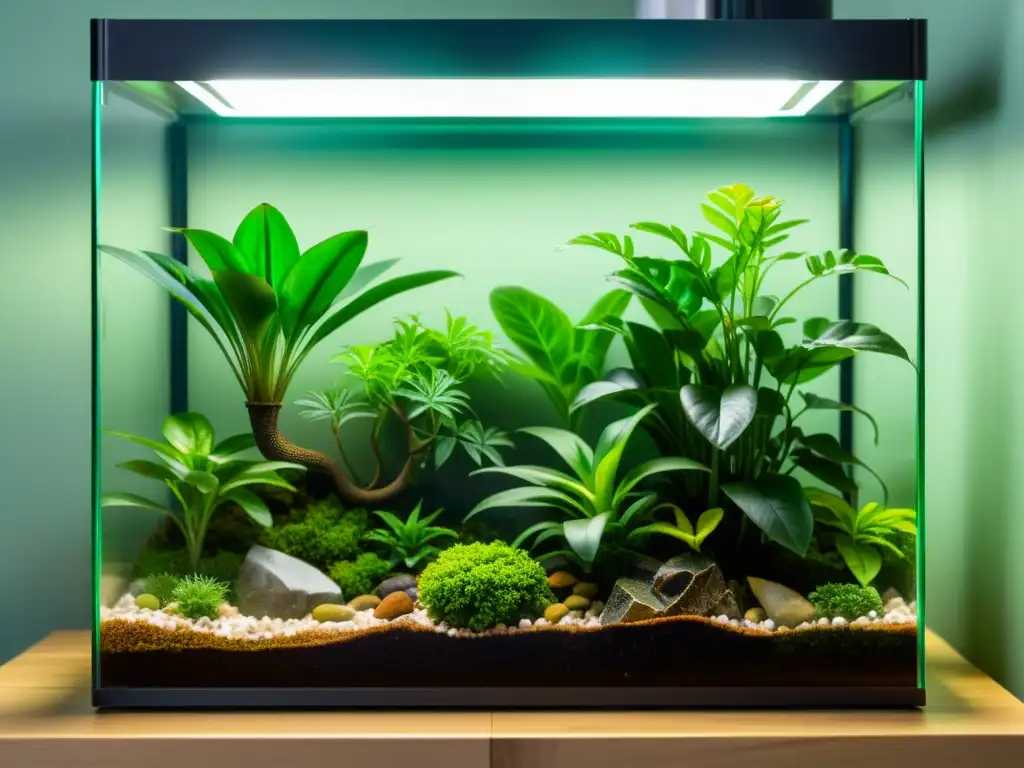 Un terrario moderno con sistemas inteligentes para terrarios de reptiles, lleno de exuberante vegetación y reptiles vibrantes