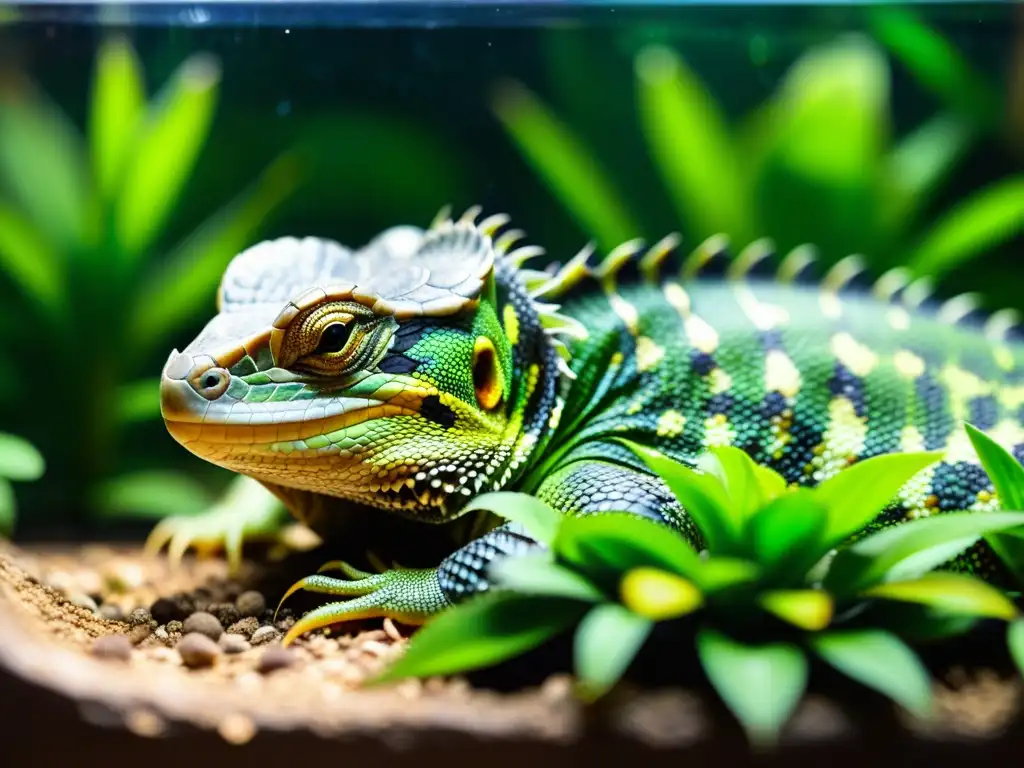 Un terrario con hábitat natural para reptiles, colores vibrantes y texturas