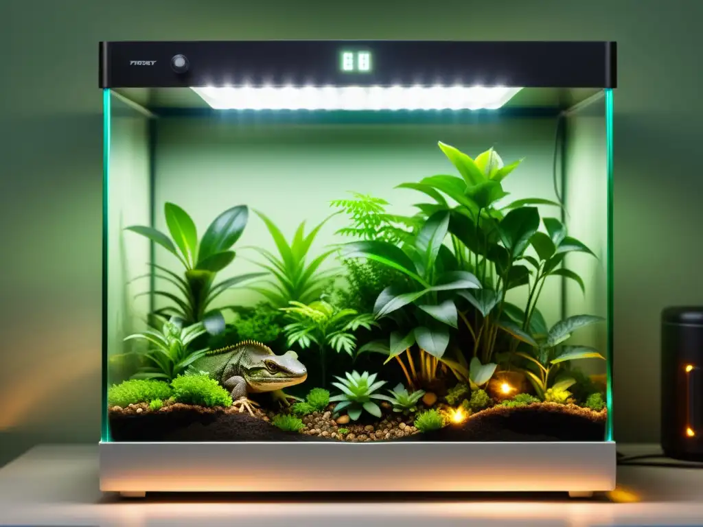 Terrario para reptiles con control de clima, plantas exuberantes y ambiente cálido y acogedor