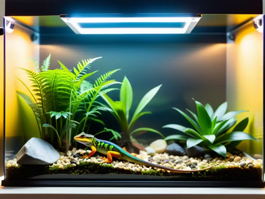 Terrario seguro y bien ventilado para transporte de lagarto con calentador, luz UVB y espacio acogedor, resaltando colores y texturas únicas