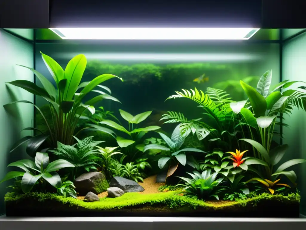 Terrario de selva tropical con reptiles y cascada, crea ambiente perfecto terrario reptiles