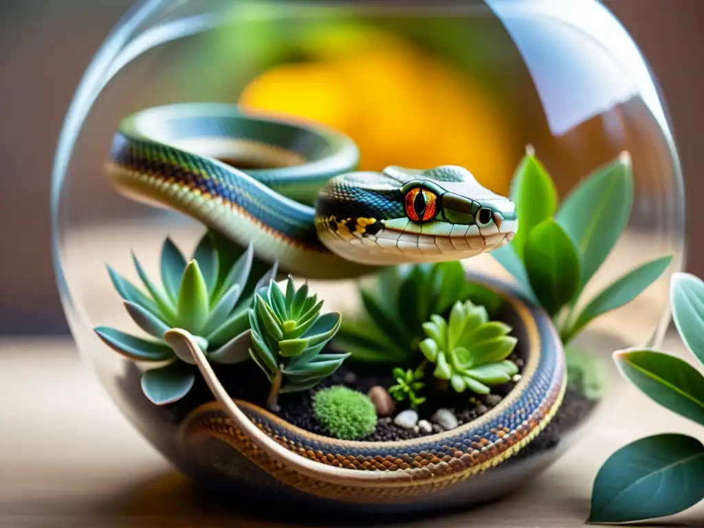 Un terrario con una serpiente enroscada en una rama, exudando tranquilidad y belleza natural