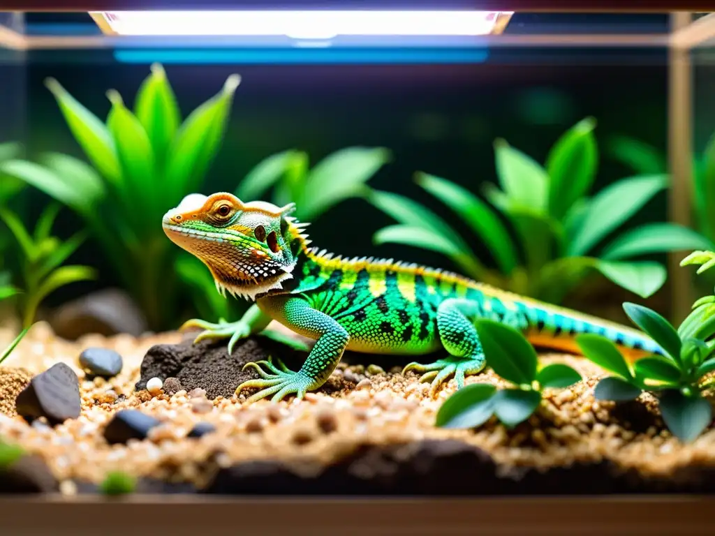 Un terrario con sustratos variados, una pequeña piscina y un lagarto grande disfrutando bajo una lámpara de calor