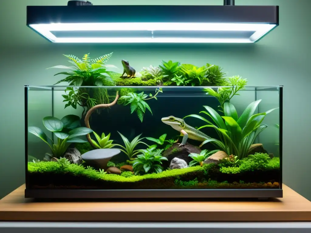 Un terrario tecnológico con soluciones de climatización precisas para reptiles y anfibios, rodeado de exuberante vegetación