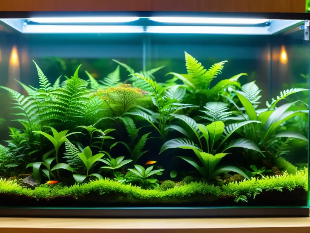 Terrario tropical exuberante con control climático automatizado, creando armonía entre naturaleza y tecnología