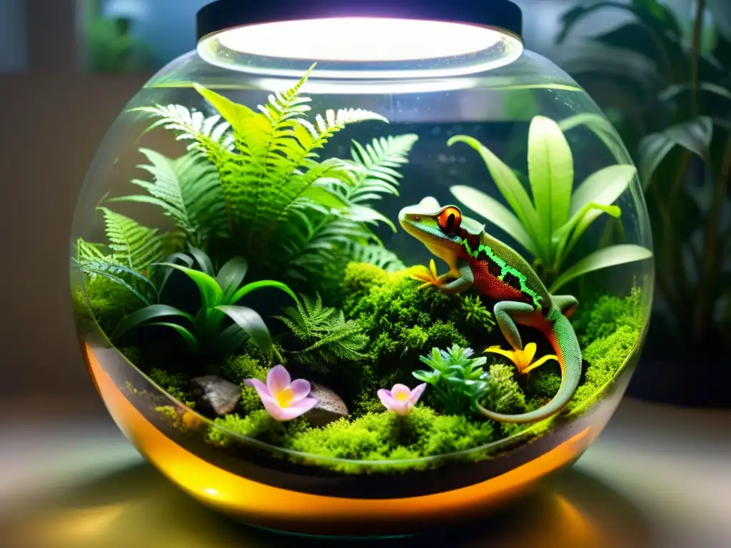 Un terrario tropical exuberante y detallado creado para reptiles, con musgo verde, helechos y flores coloridas