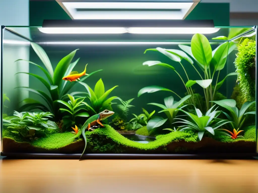 Un terrario tropical con lagartos realizando entrenamiento avanzado entre exuberante vegetación