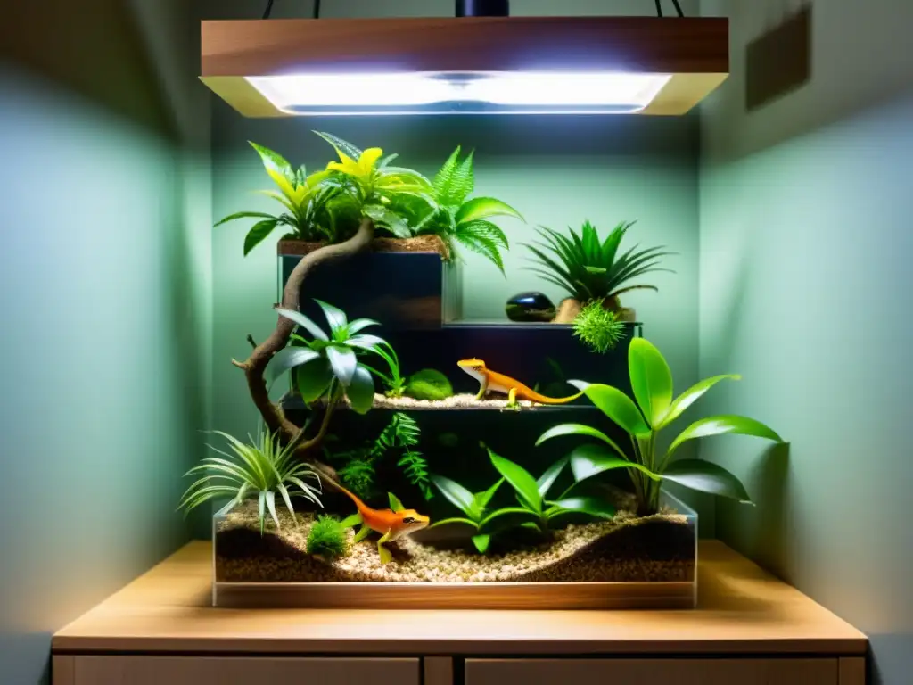 Un terrario vertical para geckos con ramas naturales, plantas artificiales y niveles de escalada