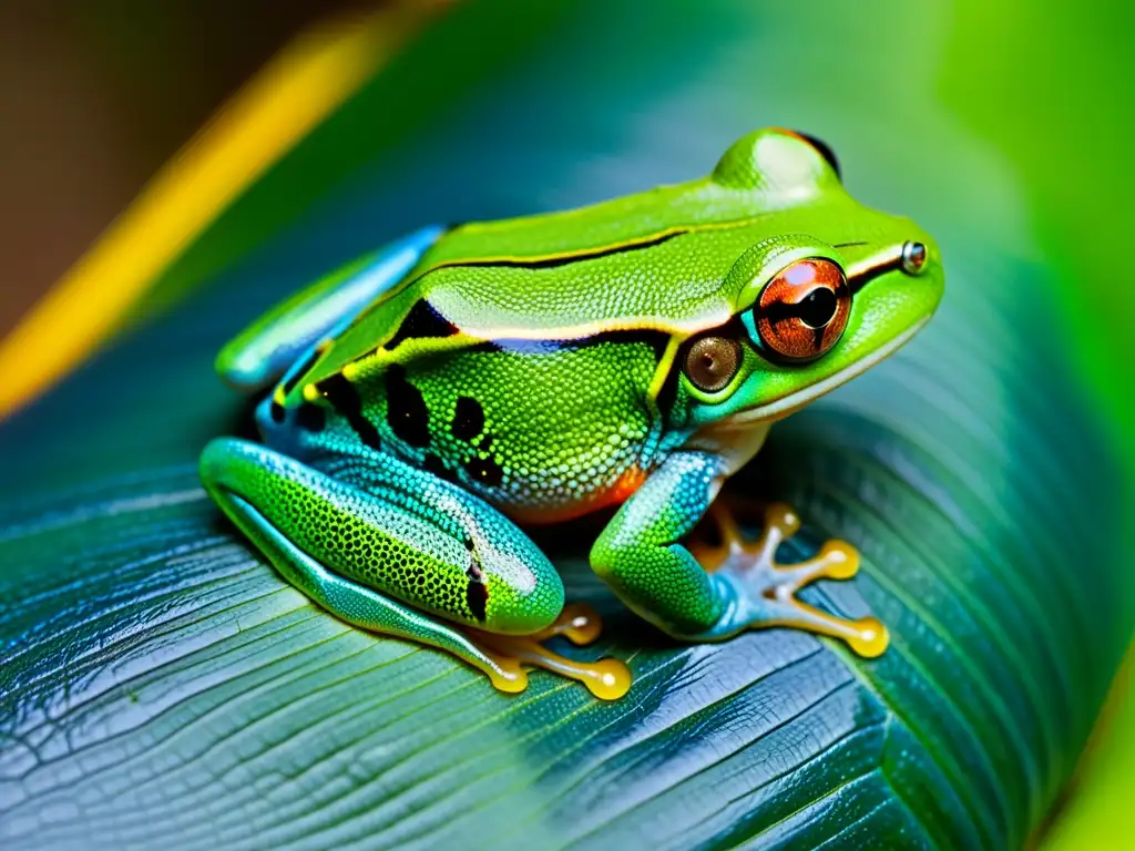 Textura detallada de la piel de una rana de ojos rojos en tonos verdes y azules, resaltando su salud y vitalidad