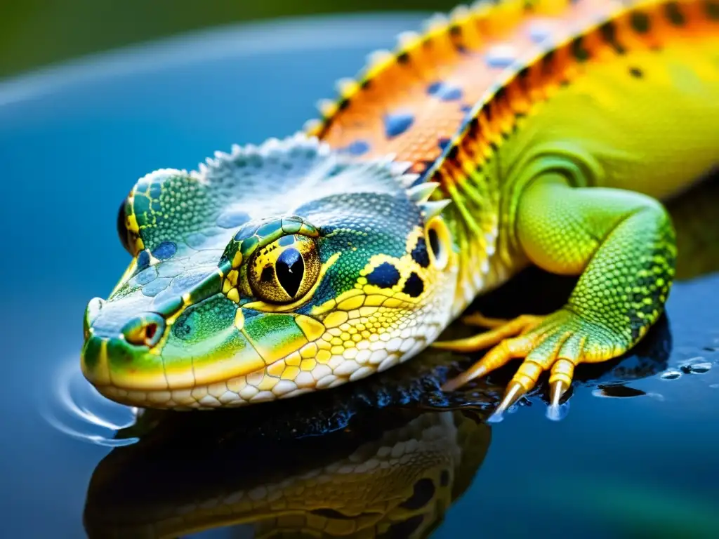 Textura detallada de la piel de reptil brillando con gotas de agua, ilustrando necesidades de hidratación de reptiles en un entorno natural vibrante