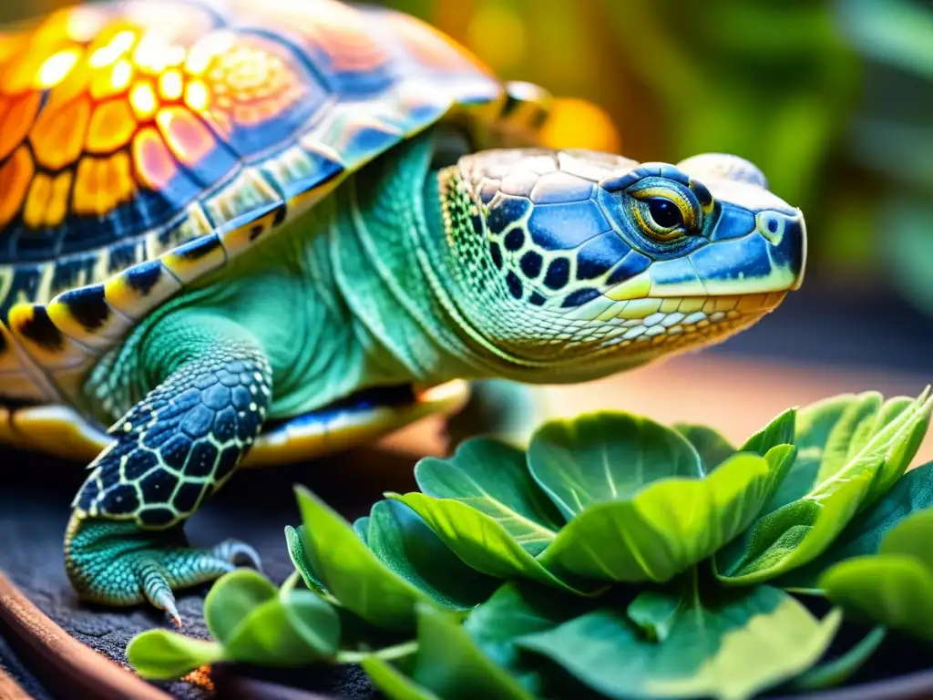 Una tierna imagen de un reptil rehabilitado bajo una lámpara de calor, rodeado de verduras frescas