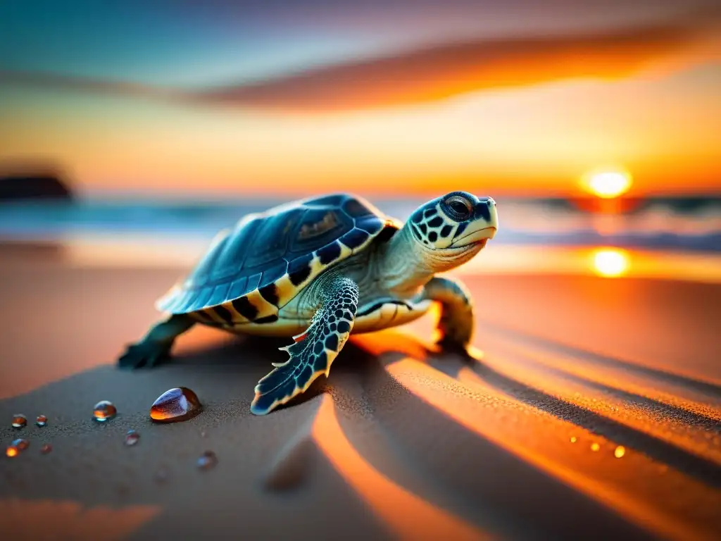 Una tierna tortuga recién nacida emerge del suelo arenoso en una playa al atardecer, en medio del ciclo de vida y hibernación de tortugas marinas