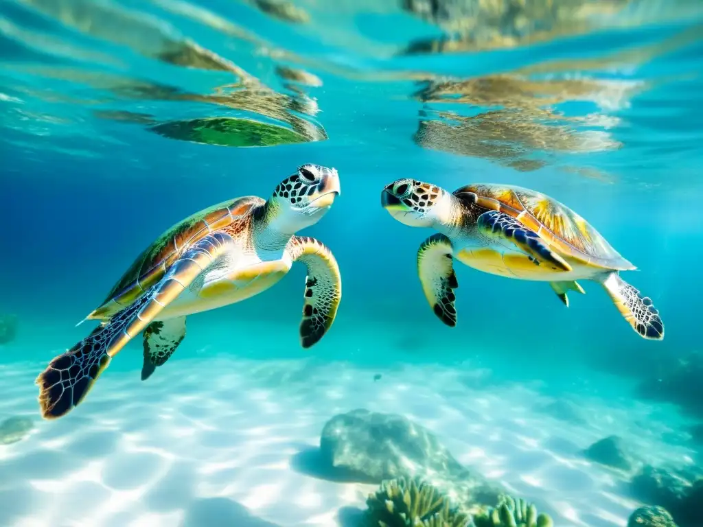 Tierna pareja de tortugas marinas verdes nadando juntas en aguas cristalinas, en un cautivador ritual de apareamiento