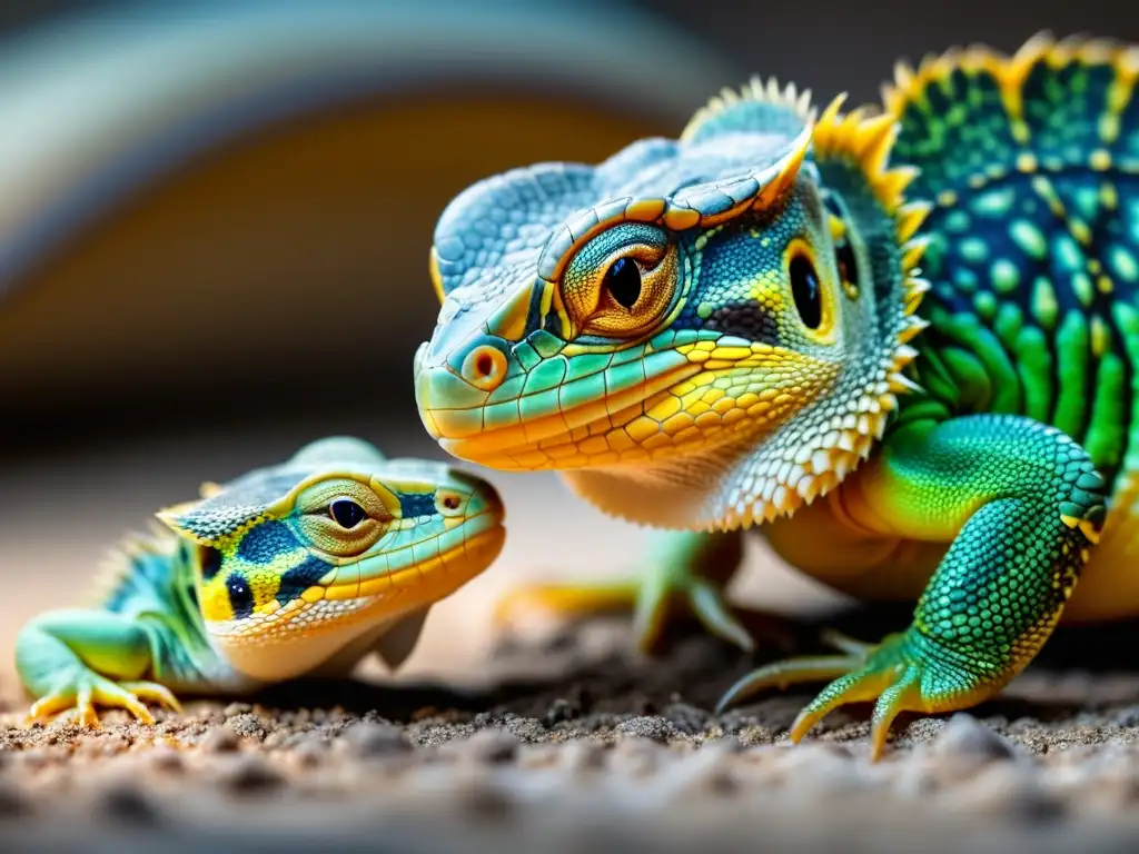 Tierna alimentación de crías reptiles, mostrando la madurez y cuidado de los padres