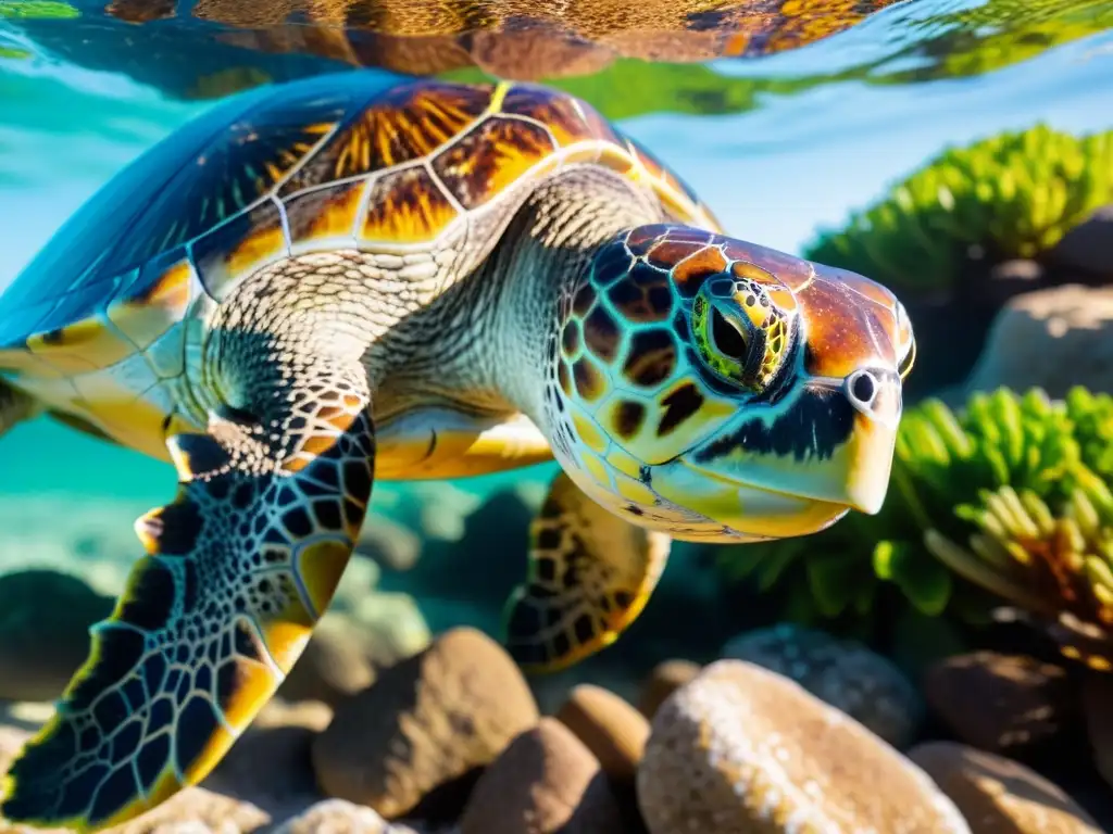 Una tierna tortuga marina verde disfruta de los beneficios de la luz solar en un refugio rocoso, mientras su piel escamosa brilla bajo el cálido sol