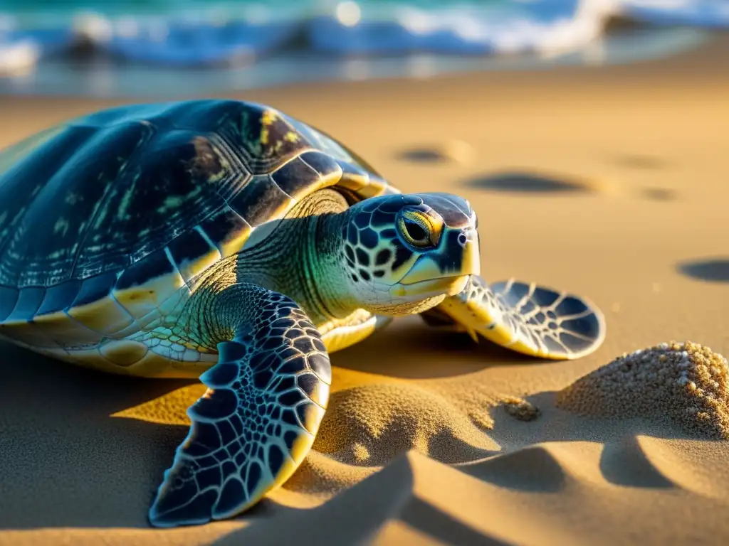 Una tierna tortuga verde anidando en una playa arenosa bajo la luz de la luna